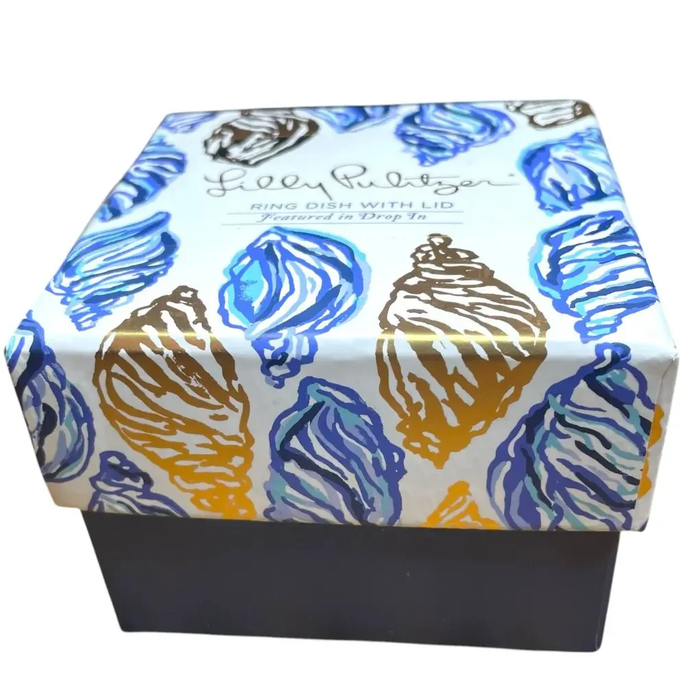 LILLY PULITZER Ring Box With Lid Blue Shell Design Gold Trim